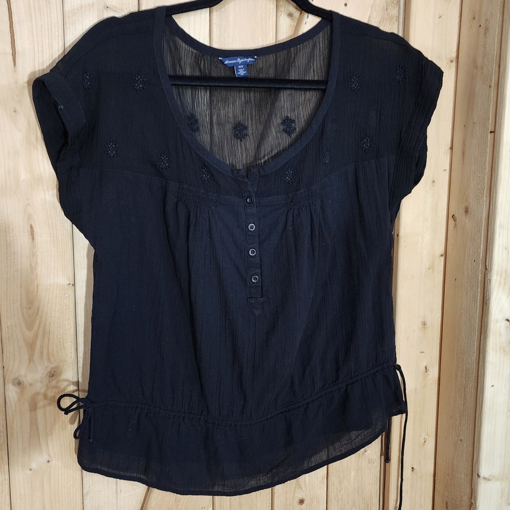 American Eagle Black Embroidered Boho Henley Peasant Blouse Sheer Gauze Medium